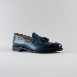 Bruno: Mocassino in Pelle Iron Blu Anticata a Mano con Nappine